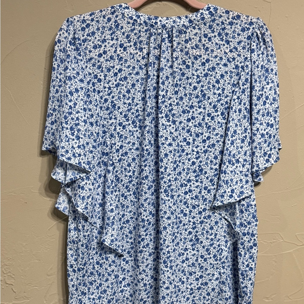 Chaps Blue & White Flutter Sleeve Ruffled Blouse - Picture 2 of 7